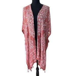 Long Line Soft Kimono Wrap Terracotta Pink Mandala Print Cover Up One Size Beach